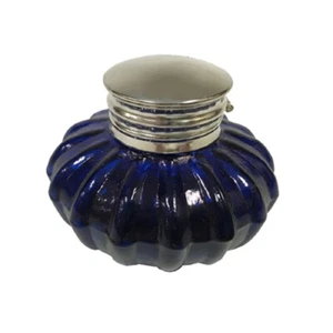 Antique Style Reproduction 3" Cobalt Blue Thick Glass Inkwell Nickel Lid New  - Picture 1 of 1