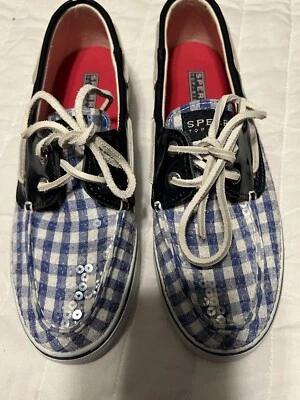 Sperry Size 6M  Checkered Gingham Topsiders Boat Shoes Blue - Image 1 of 4