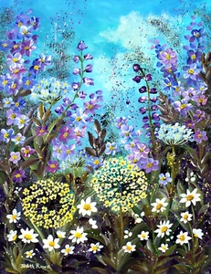 Original Floral Painting "Fantasy Garden" 16 x 12" Canvas Board by Judith Rowe - Picture 1 of 7