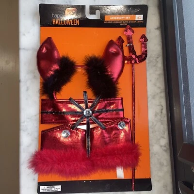 Red Devil 头带、袖口、项圈和魔杖服装套装万圣节 5 件 3 岁以上 — 第 1/3 张图片