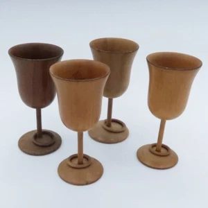 Vintage Wood Turned Handmade SET OF 4 Cups With Captive Ring Beechwood Walnut 3” - Picture 1 of 12