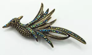 Vintage Antique Gold Tone Peacock Brooch Pendant with Iridescent Rhinestones - Picture 1 of 7