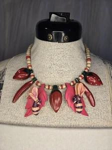 Vintage Beaded Necklace Unique Carved Handpainted Wooden Beads Used Jewelry  - Picture 1 of 4