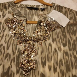 SUSAN GRAVER MULTI-COLOR ANIMAL PRINT EMBELLISHED NECKLINE SHEER TOP LARGE-EUC - Picture 1 of 4