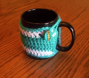 Hand Crochet Turquoise and White Buttoned Coffee Mug Cozy - Picture 1 of 2