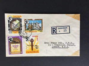 ZANZIBAR 1964 INDEPENDANCE SET UHURU ON REGISTERED COVER TO LONDON - Picture 1 of 2