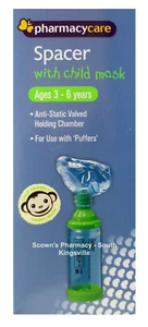 Pharmacy Care Spacer with Child Mask 3-6 yo Anti-Static Valved, Use with Puffers - Picture 1 of 5