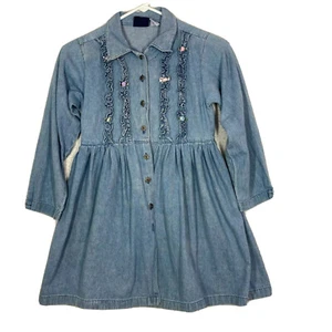 Vintage Dress Girls Small Denim 90s Long Sleeve Blue Flowers Ruffle Button Jeans - Picture 1 of 9