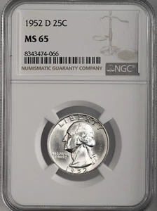 1952-D  25C WASHINGTON SILVER QUARTER "DENVER MINT" NGC MS65 #8343474-066 - Picture 1 of 4