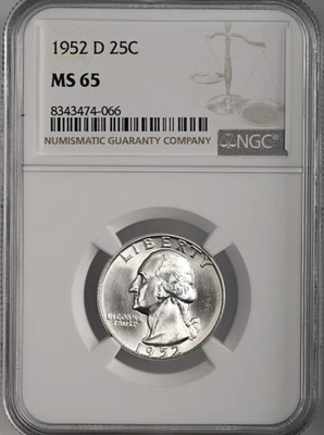 1952-D  25C WASHINGTON SILVER QUARTER "DENVER MINT" NGC MS65 #8343474-066 - Image 1 of 4