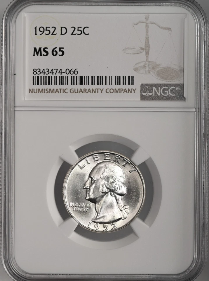1952-D  25C WASHINGTON SILVER QUARTER "DENVER MINT" NGC MS65 #8343474-066 - Image 1 of 4