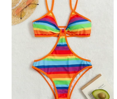 Shein Rainbow Pride Rave One Piece Monokini Cut Out Side Swimsuit  Small - Image 1 of 4