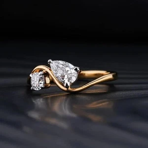2Ct Pear Cut Moissanite Two Stone Anniversary Ring In Solid 14K Yellow Gold - Picture 1 of 7