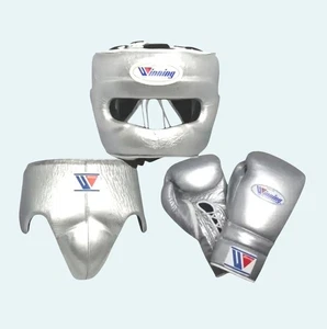 Winning Silver Boxing Set Gloves Headgear Groin Guard Premium Training Gear - Picture 1 of 7
