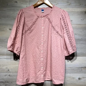 Old Navy Cutwork Button-Up Puff Sleeve Blouse Top Pink Size 2X Boho Cottagecore - Picture 1 of 9