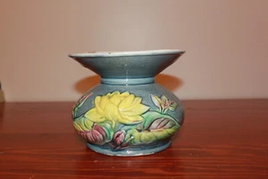 Vintage Majolica Pottery Vase Water Lily Relief Blue Glaze 5.5" Tall European - Picture 1 of 9