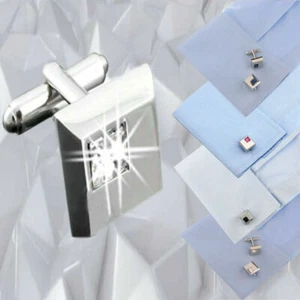 Chic Sturdy Elegant Square Crystal CZ Stainless Steel Sterling Silver Cufflinks - Picture 1 of 14