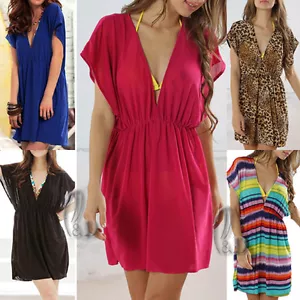 AU STOCK SEXY DEEP V-NECK BEACH BIKINI COVER UP/KAFTAN TUNIC LONG TOP T095 - Picture 1 of 20