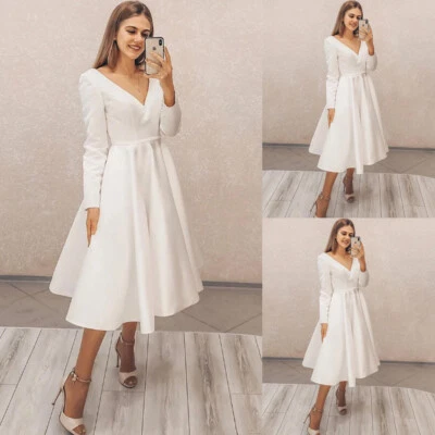 Simple Satin Short Wedding Dresses A Line Long Sleeve V Neck Elegant Bridal Gown - Image 1 of 4