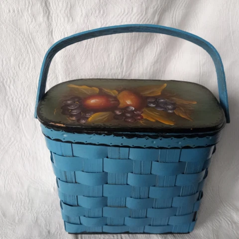 Vintage Tole Hand Painted Basket with Lid Handle Purse Storage Lined Signed Cover