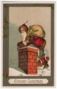 AK Weihnachten, Prägekarte, Weihnachtsmann mit Sack steigt in Schornstein - Bild 1 von 2
