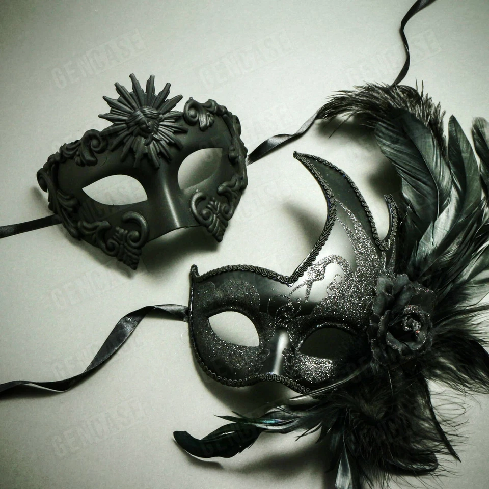 Black Couple's Masquerade Masks Set Party Costume Half Face Mask with Feather - Image 1 of 1