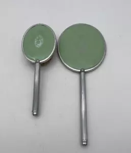Art Deco Style Hand Held Vanity Mirror & Brush Green Made in The USA Vintage - Picture 1 of 16
