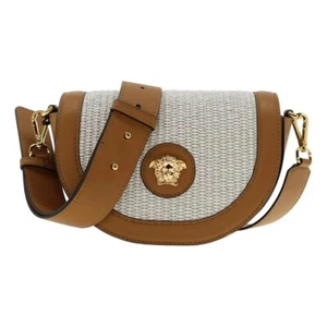 Versace Medusa Saddle Shoulder Crossbody Bag Brown Leather Raffia NWT - Picture 1 of 14