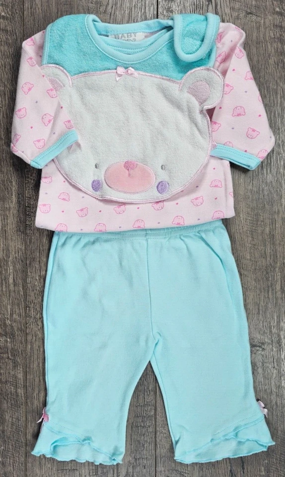 Baby Girl Clothes Bon Bebe 0-3 Month 3pc Pink Green Bear Outfit & Bib - Image 1 of 4