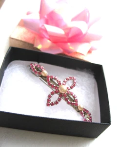 Tarina Tarantino Haarspange Kristall Blume Hot Pink Steine mit Perlen ungetragen Vintage Neu - Bild 1 von 15