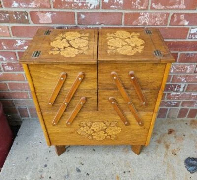 Antique Maple Sewing Cabinet Stand Accordion Design Carved Roses Brass - Image 1 of 4