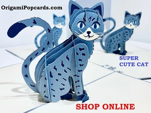 Origami Pop Cards Cute Silver Grey Cat 3D Pop Up Greeting Card Happy Birthday - Bild 1 von 12