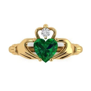 14K Yellow Gold Simulated Emerald Claddagh Engagement Ring (1.06 ct, Heart-Cut) - Picture 1 of 11