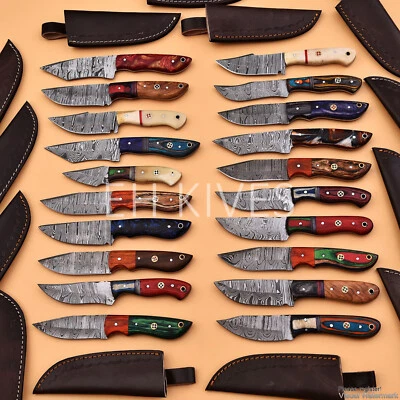 Lote de 20 cuchillos desolladores afilados de caza de acero Damasco hechos a mano con fundas Foto 1 de 4
