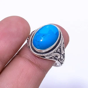 Copper Blue Turquoise Gemstone 925 Sterling Silver Bali Ring S.8 R_9293_215_8 - Picture 1 of 2