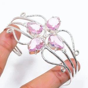 Pink Kunzite Gemstone 925 Sterling Silver Handmade Jewelry Bangle Size 7-8" - Picture 1 of 1