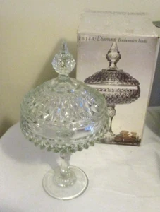 Vintage Indiana Glass Tall 12 In Pedestal Lidded Compote Diamond Point W/Box - Picture 1 of 5