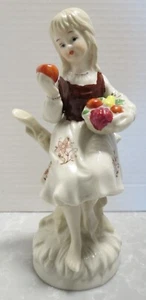 Ceramic Peasant Girl with Apple Holding Basket of Fruit Figurine Made in Taiwan - Picture 1 of 8