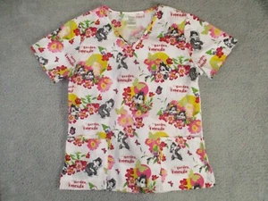 Chip Dale Scrub Top Womens Medium White Garden Friends Floral Pockets Butterfly - Picture 1 of 7