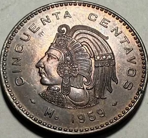 MEXICO - Cuauhtémoc 50 Centavos 1959 - Beautifully Toned Brilliant Uncirculated! - Picture 1 of 2