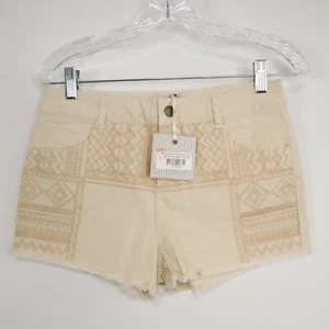 Blu Pepper Shorts Womens Small Embroidered Denim Cut-Off Stretch Flex Beige NWT - Picture 1 of 8