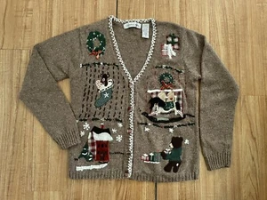 VTG Y2K Wool Ugly Christmas Sweater Grandma Cardigan Bear Horse Victoria Jones S - Picture 1 of 6