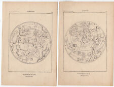 2-Antique Prints-ASTRONOMY-EARTH-CELESTIAL-HEMISPHERE-ZODIAC-Taillart-1852