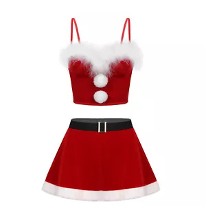 Women Christmas Flannel Outfits Red Santa Mrs Claus Fancy Ball Costume 2 Pcs - Picture 1 of 28