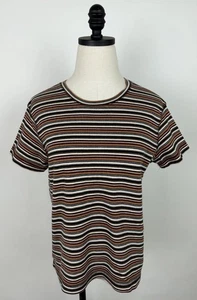 Vintage 90s Striped Tee Damen Medium Chocolate Brown T-Shirt Babydoll Tee Retro - Bild 1 von 9