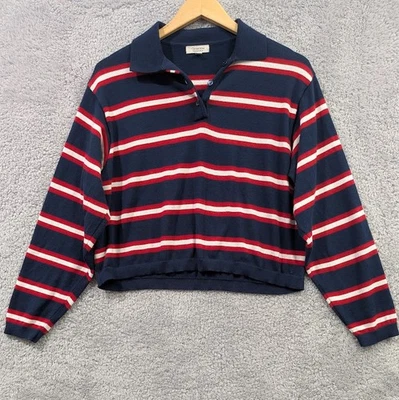 Women's Rugby Polo Shirt Medium Cropped Blue White Striped Long Sleeve Oversized - Image 1 of 4
