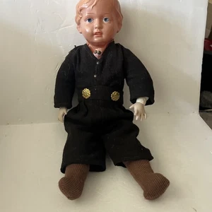16 Zoll Zelluloid Junge Puppe geformtes Haar & bemalte Augen, Stoffkörper & Porzellanhand - Bild 1 von 9