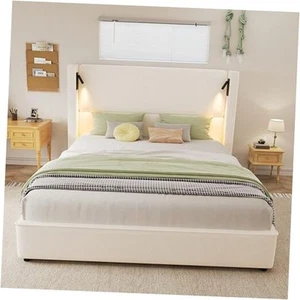 Queen Size Natural Polyester Linen Fabric Upholstered Bed Frame with High - Picture 1 of 8