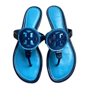 Tory Burch Sandals Miller Fringe Blue Fria Leather Logo Slide Flats Size 9 - Picture 1 of 10