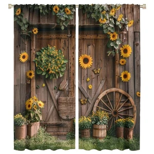 Farmhouse Barn Sunflower Blackout Curtains, Rustic Wooden Door Butterfly Flor... - Foto 1 di 8
